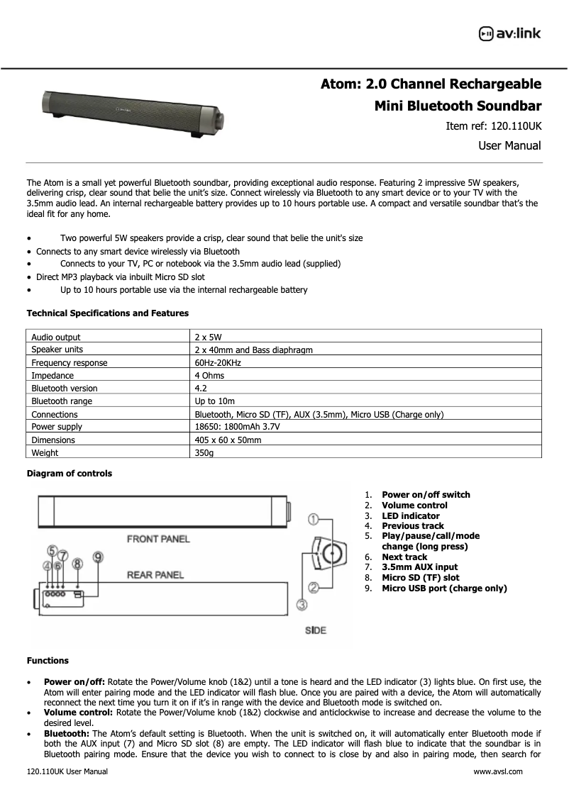 Page n°1 - Manuel utilisateur AV:link 120.110UK