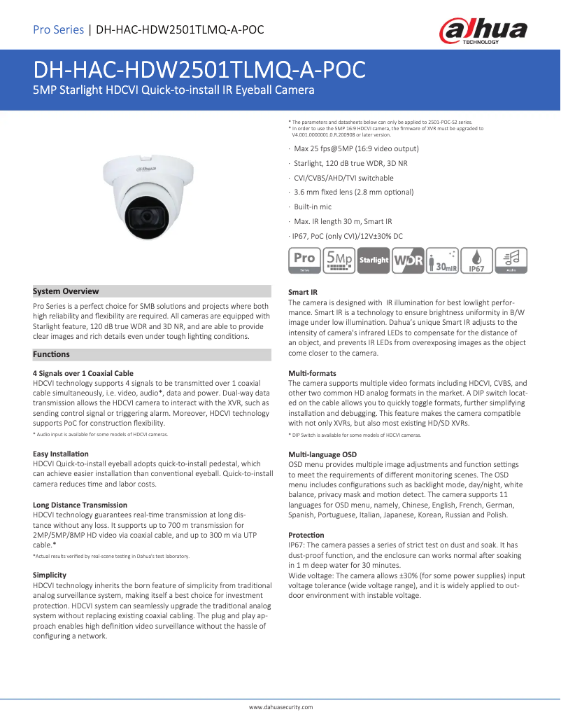 Page n°1 - Fiche technique Dahua Technology HAC-HDW2501TLMQ-A-POC
