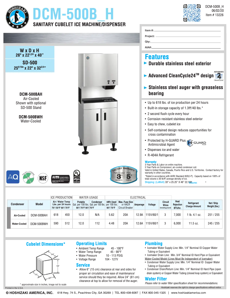 Page 1 de la notice Fiche technique Hoshizaki DCM-500BAH