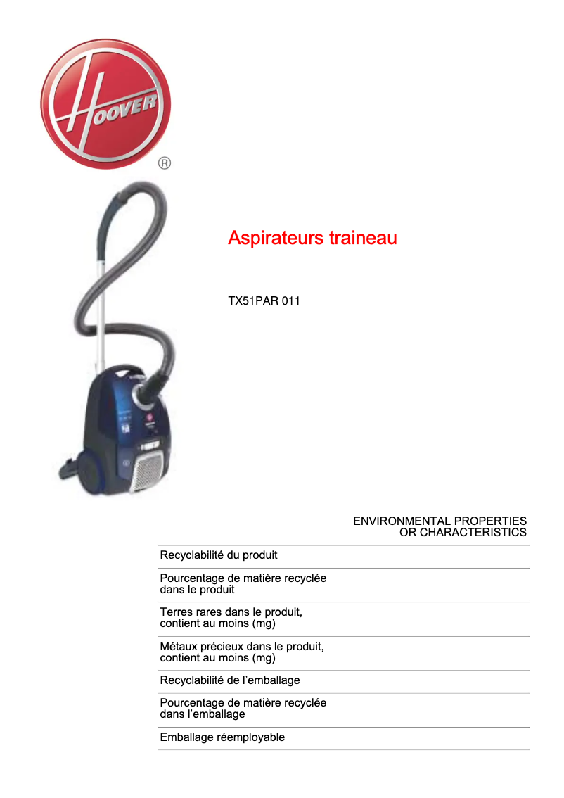 Page n°1 - Fiche technique Hoover TX51PAR 011