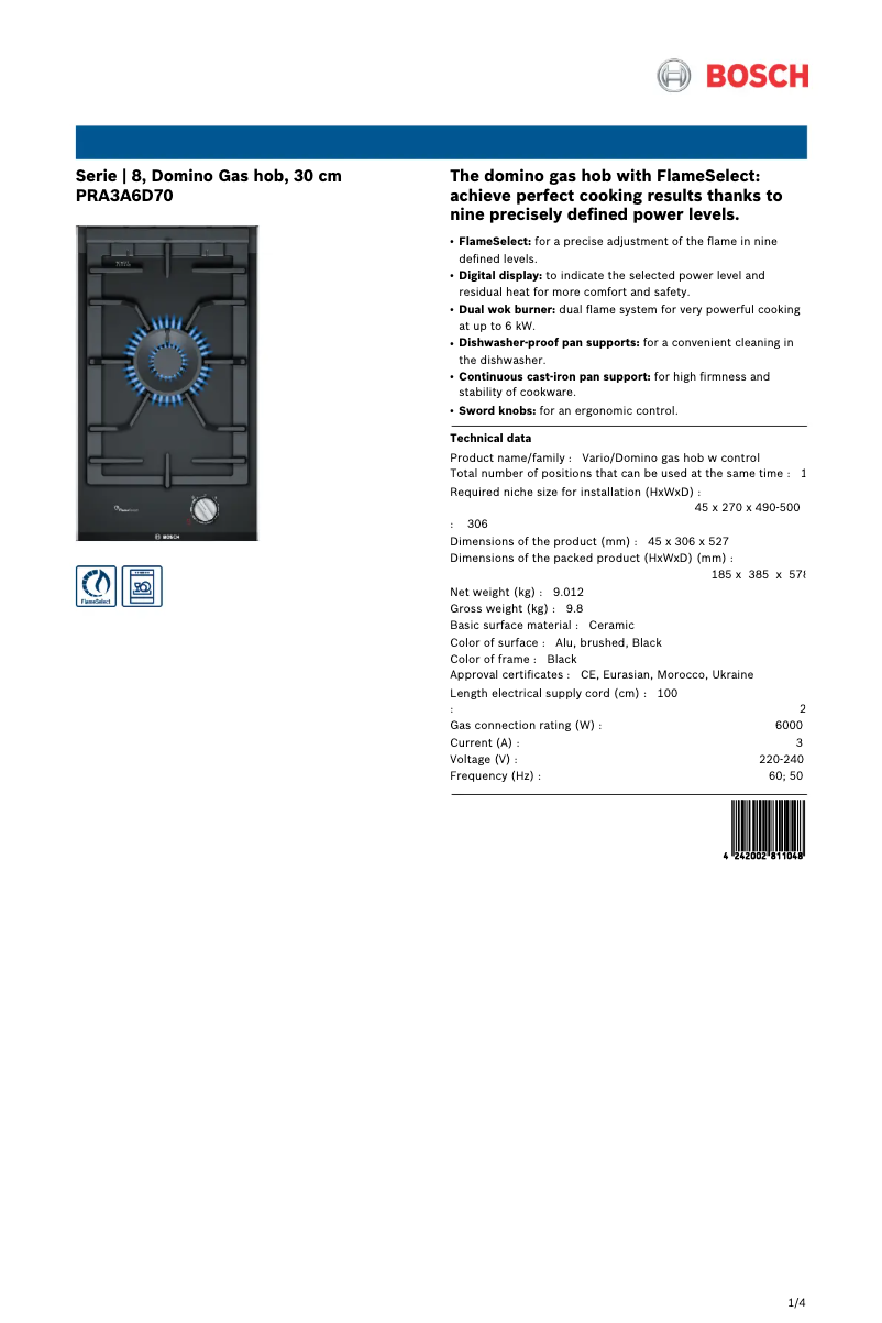 Página 1 del manual Ficha técnica Bosch PRA3A6D70