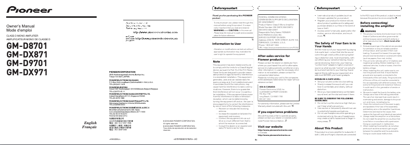 Page 1 de la notice Manuel utilisateur Pioneer GM-D8701