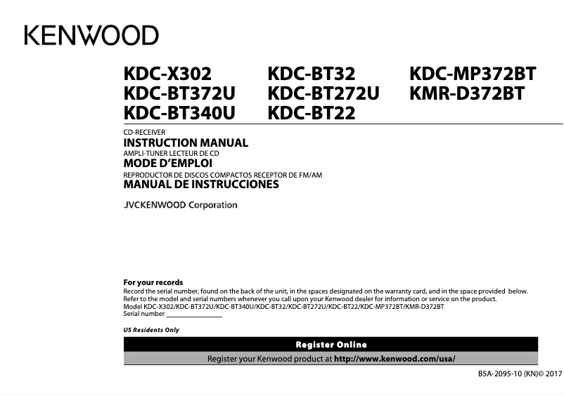 Page 1 de la notice Manuel utilisateur Kenwood KMR-D372BT