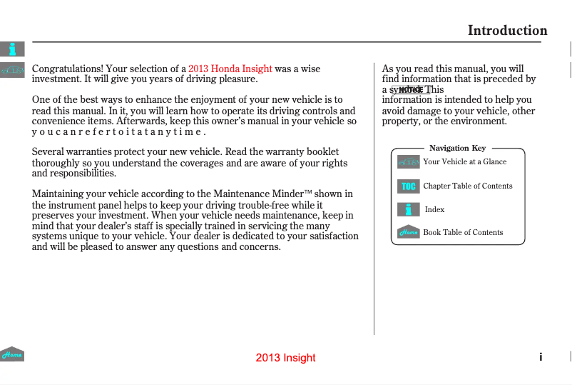 Page 1 de la notice Manuel utilisateur Honda Insight (2013)