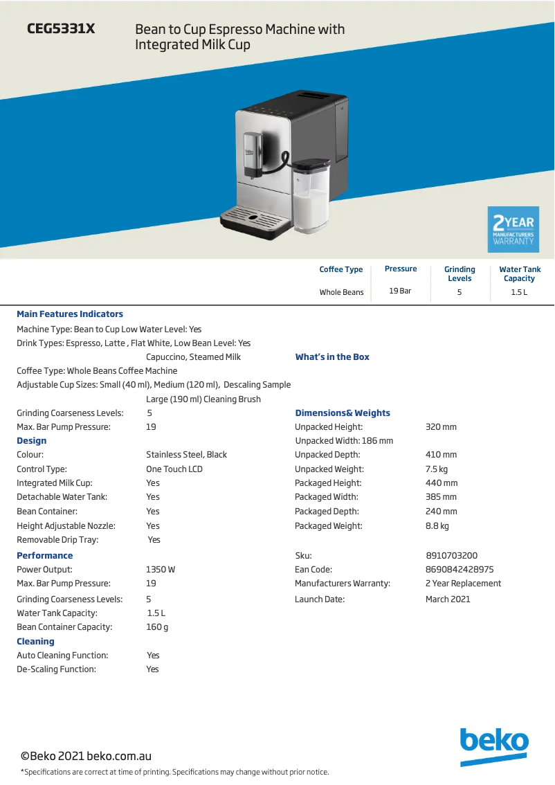 Page 1 de la notice Fiche technique Beko CEG5331X