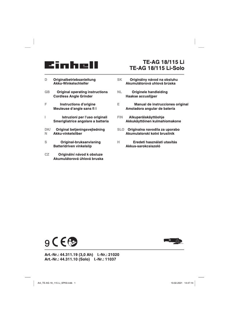 Page n°1 - Manuel utilisateur Einhell TE-AG 18/115 Li-Solo