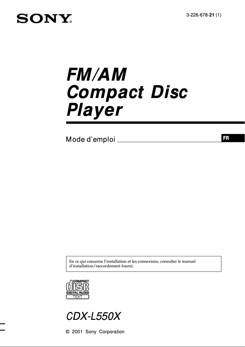Page 1 de la notice Manuel utilisateur Sony CDX-L550X