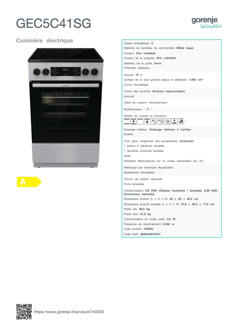 Page n°1 - Fiche technique Gorenje GEC5C41SG