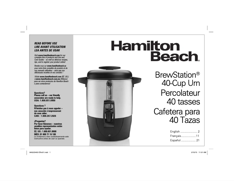 Page n°1 - Manuel utilisateur Hamilton Beach 40514