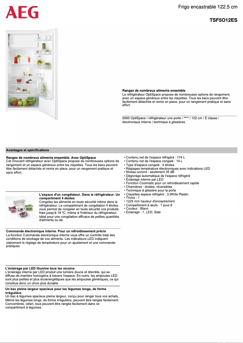Page 1 de la notice Fiche technique AEG TSF5O12ES