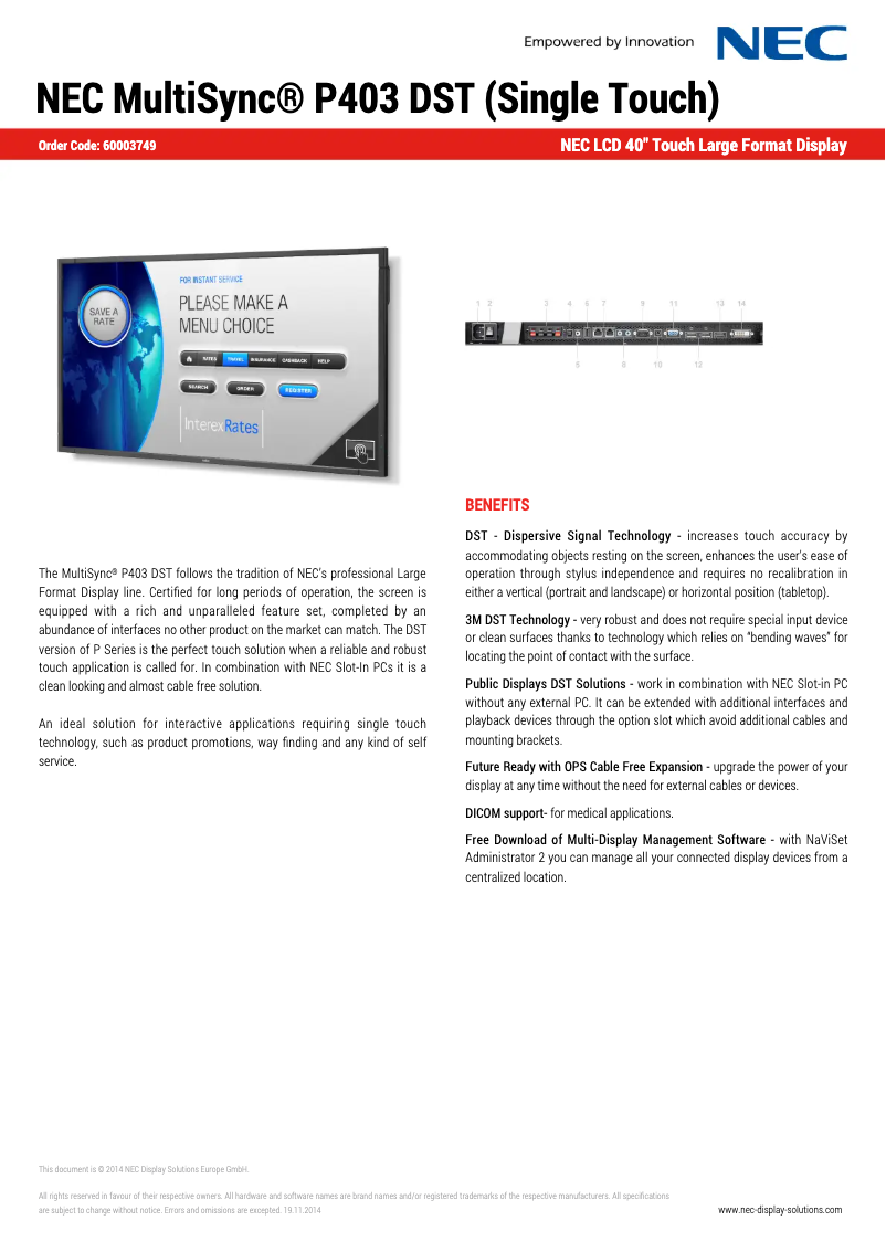 Página 1 del manual Ficha técnica NEC MultiSync P403 DST