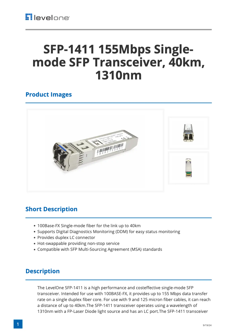 Image de la première page du manuel de l'appareil SFP-1411