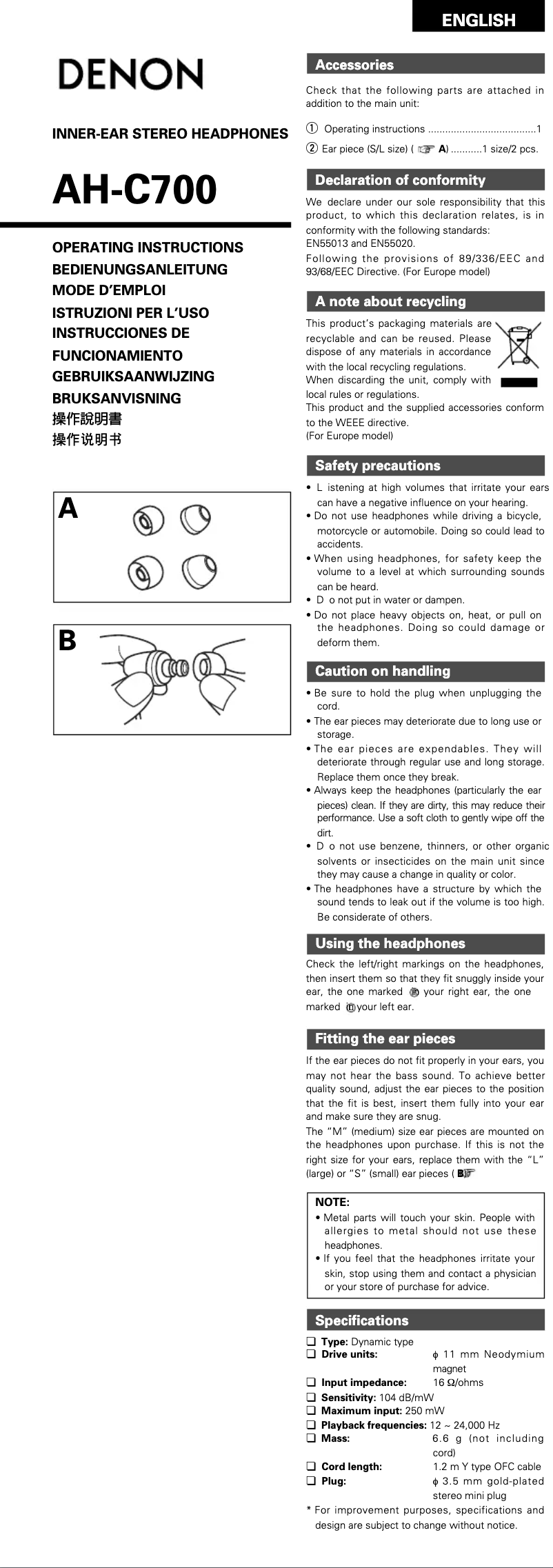 Page n°1 - Manuel utilisateur Denon AH-C700