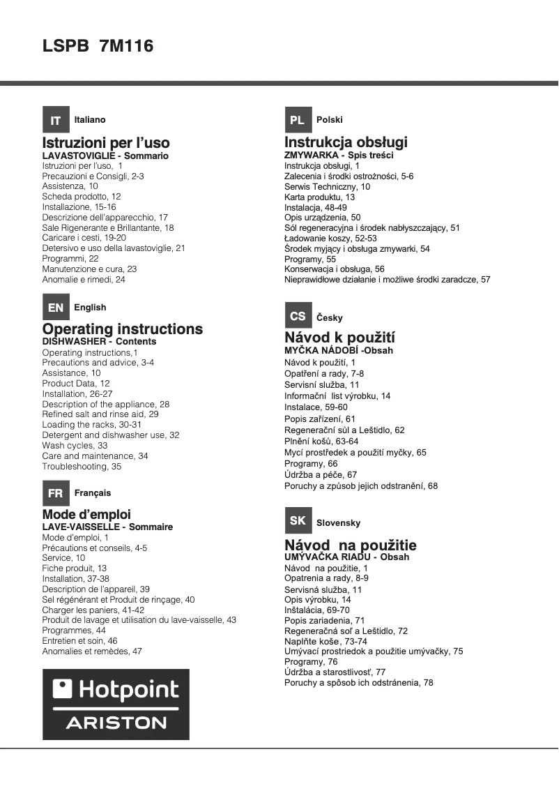 Page n°1 - Manuel utilisateur Hotpoint Ariston LSPB 7M116 X EU