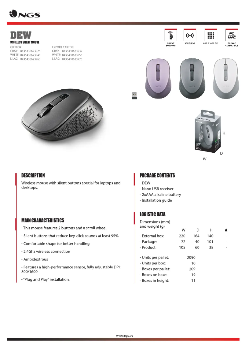 Page 1 de la notice Fiche technique NGS DEW