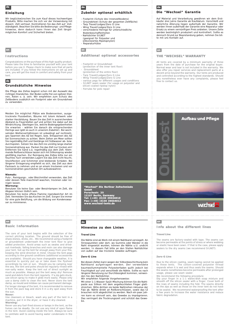 Page n°1 - Manuel utilisateur Wechsel Zero-G Line Outpost 2