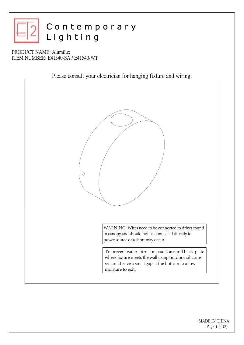 Page n°1 - Manuel utilisateur ET2 Alumilux E41540-SA