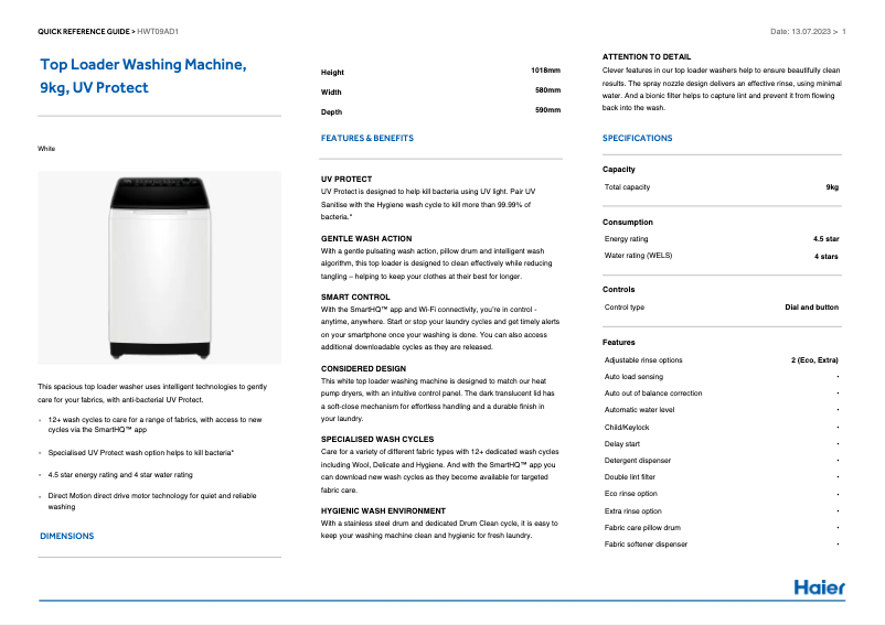 Image de la première page du manuel de l'appareil HWT09AD1