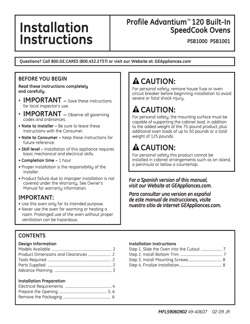 Page 1 de la notice Guide d'installation GE PSB1000NWW