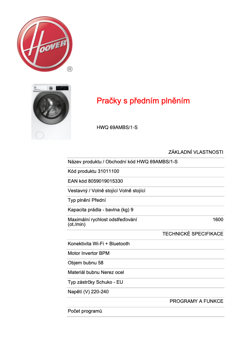 Page 1 de la notice Fiche technique Hoover H-WASH 500 HWQ 69AMBS/1-S