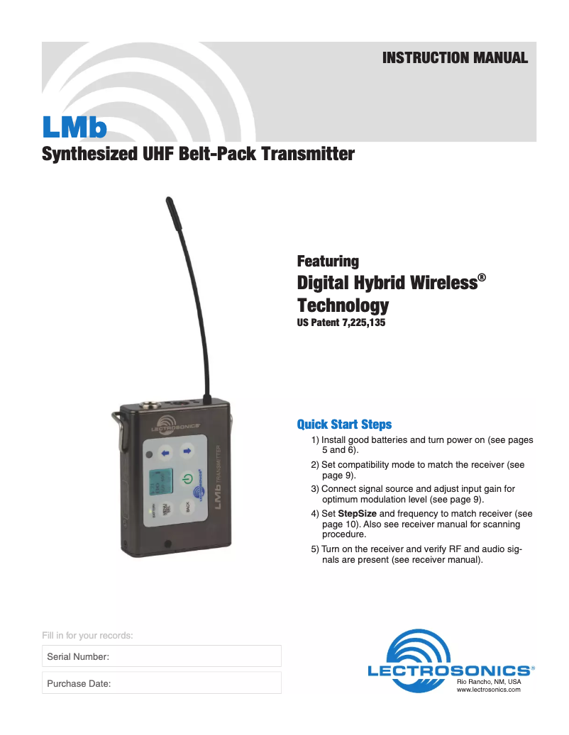 Page n°1 - Manuel utilisateur Lectrosonics ZS-LMB