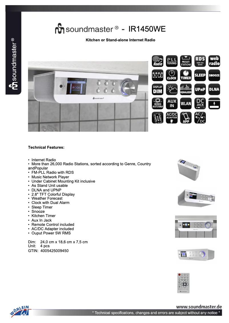 Page 1 de la notice Fiche technique Soundmaster IR1450WE