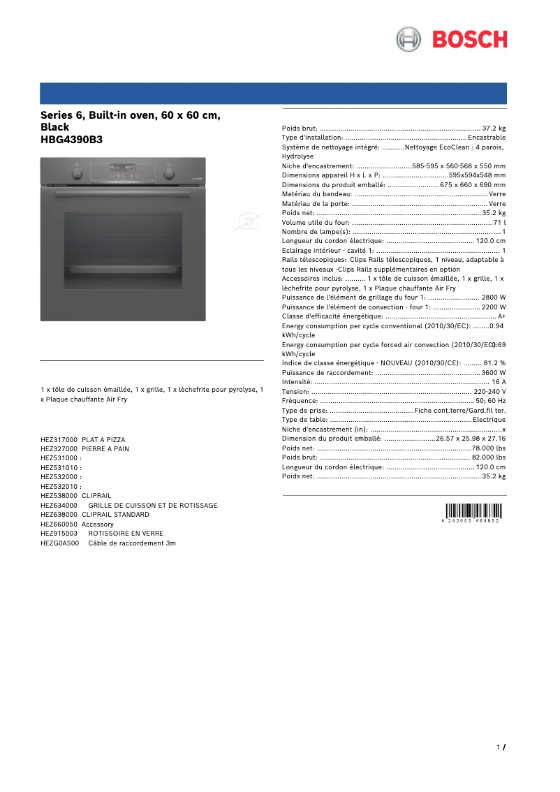 Page n°1 - Fiche technique Bosch HBG4390B3