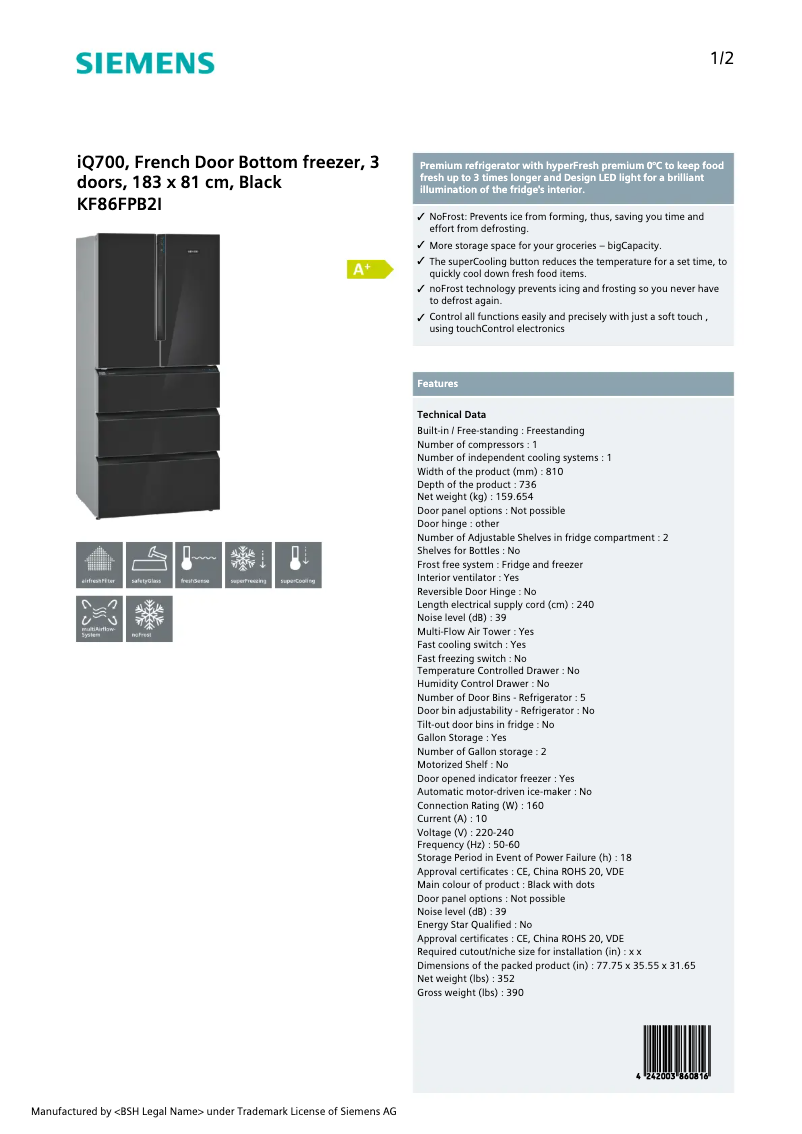Page n°1 - Fiche technique Siemens KF86FPB2I