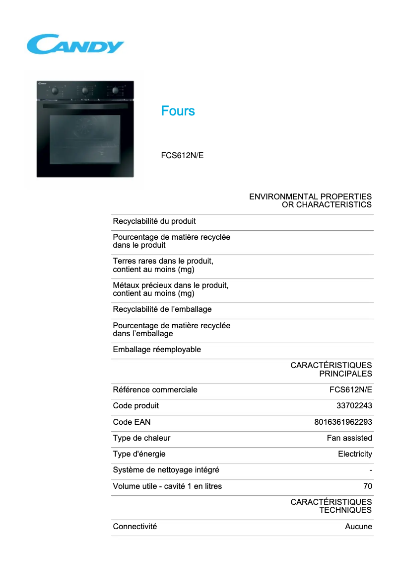 Page 1 de la notice Fiche technique Candy FCS612N/E