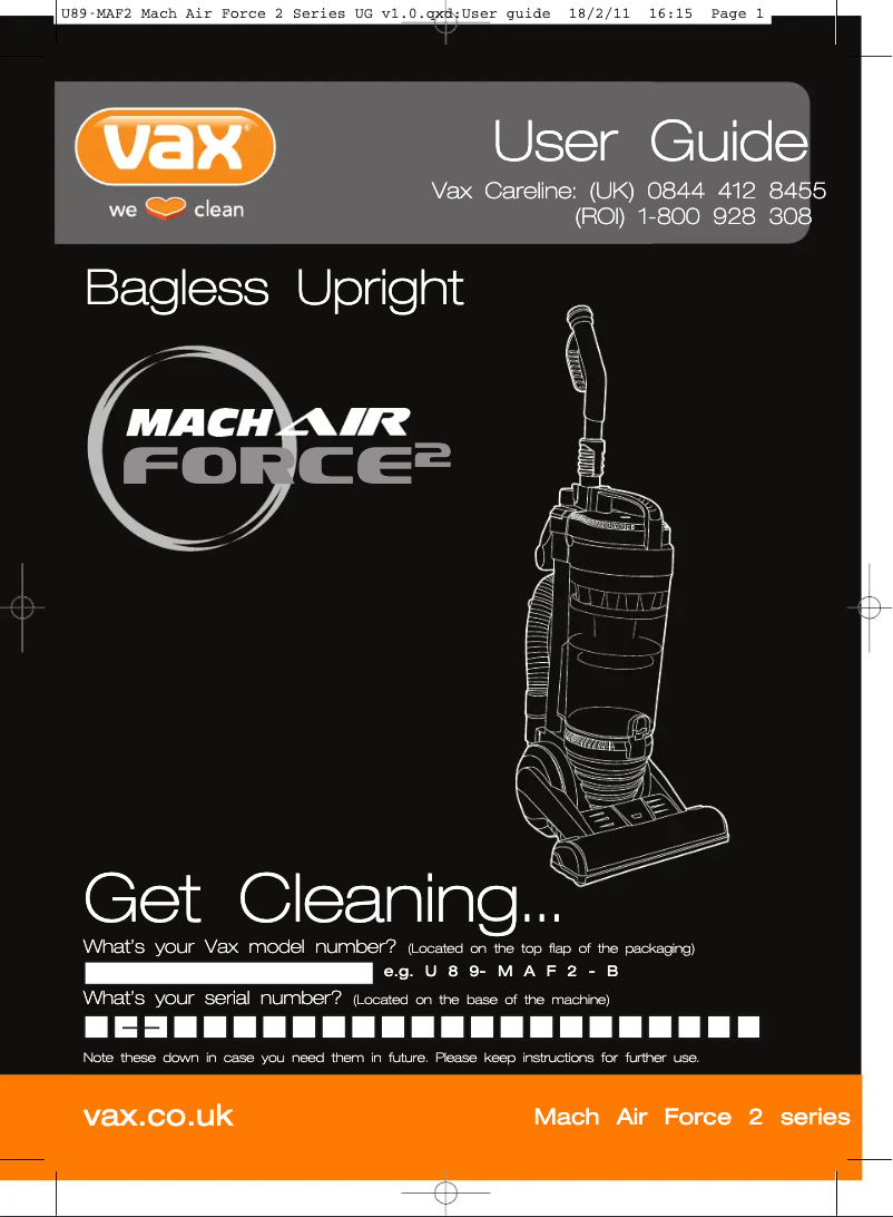 Page 1 de la notice Manuel utilisateur Vax Air Force 2 Total Home