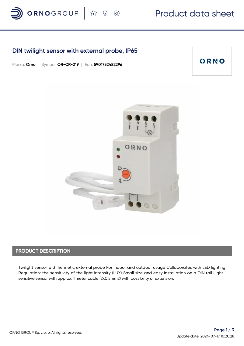 Page 1 de la notice Fiche technique ORNO OR-CR-219