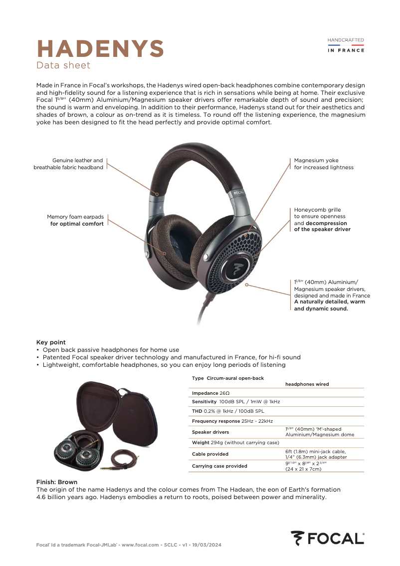 Página 1 del manual Ficha técnica Focal Hadenys