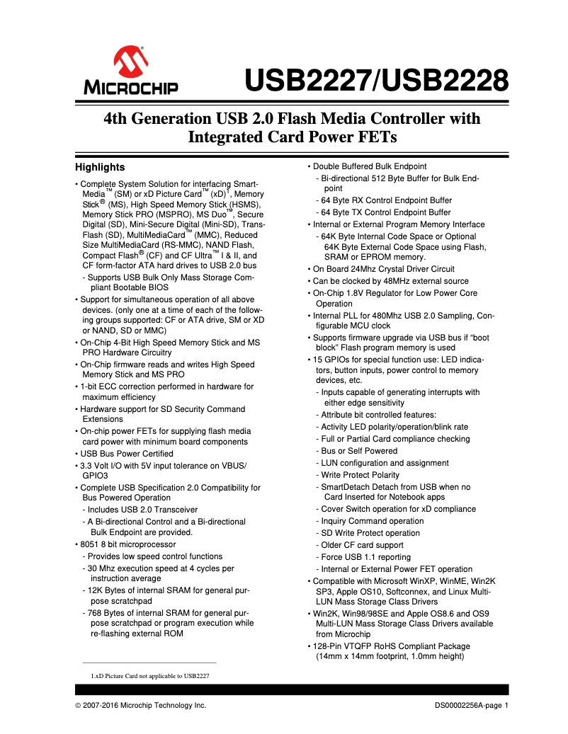 Page 1 de la notice Fiche technique Microchip USB2227