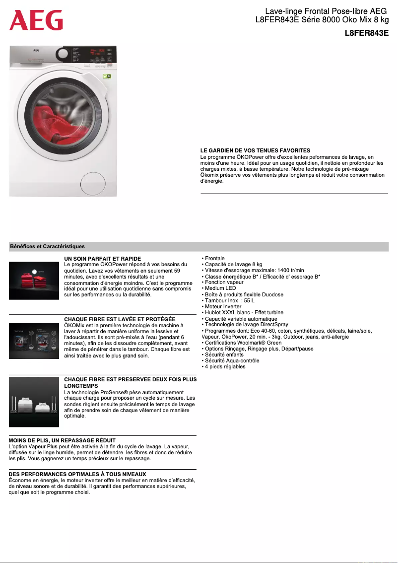 Page n°1 - Fiche technique AEG L8FER843E