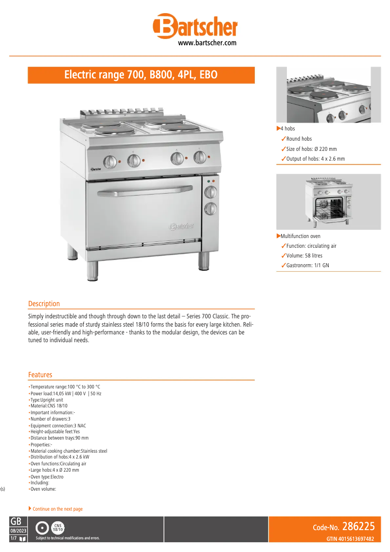 Página 1 del manual Ficha técnica Bartscher 286225