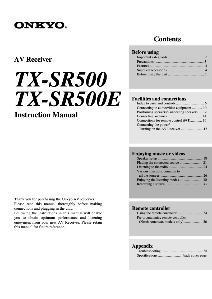 Page 1 de la notice Manuel utilisateur Onkyo TX-SR400