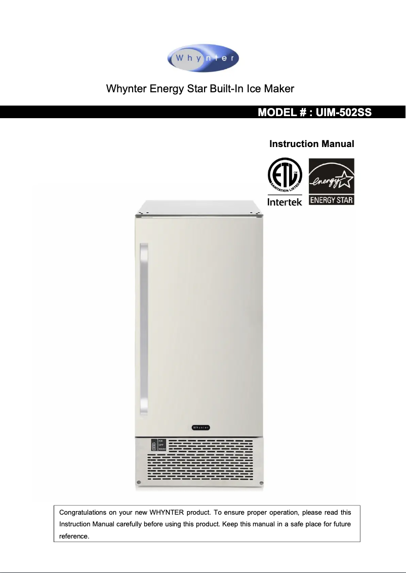 Page 1 de la notice Manuel utilisateur Whynter UIM-502SS-1