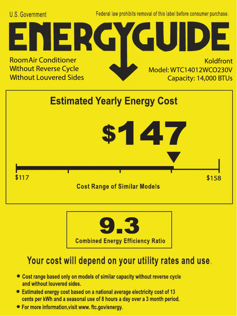 Page 1 de la notice Label énergétique Koldfront WTC14012WCO230V