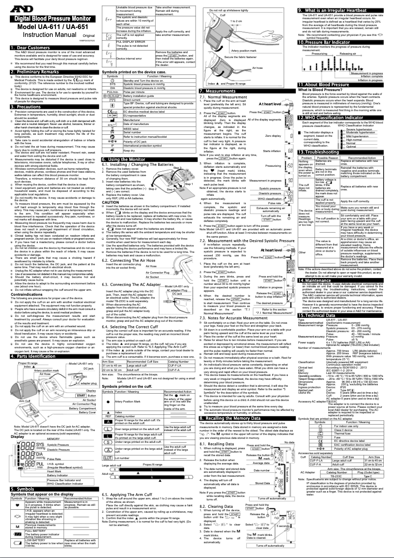 Page 1 de la notice Manuel utilisateur A&D UA-651