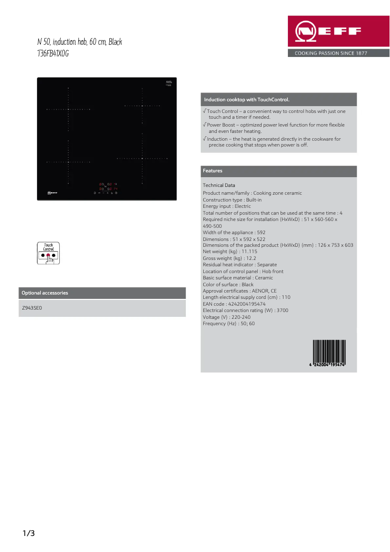 Page 1 de la notice Fiche technique Neff T36FB41X0G