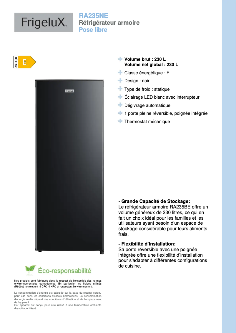 Page 1 de la notice Fiche technique FrigeluX RA235NE
