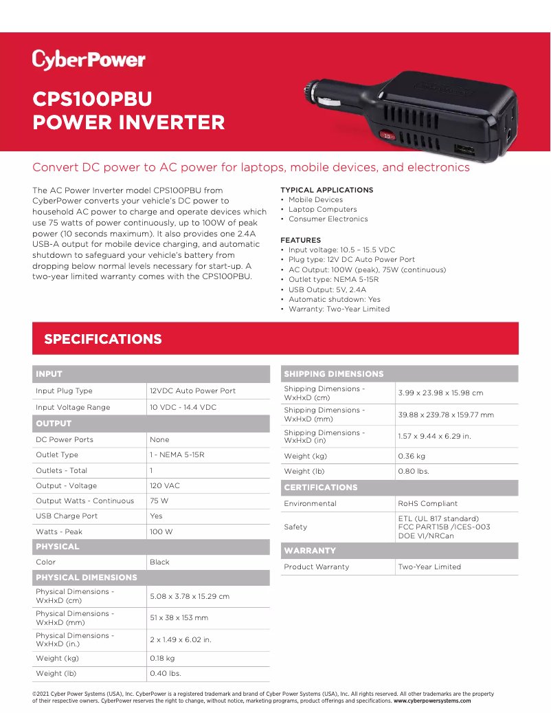 Page 1 de la notice Fiche technique CyberPower CPS100PBU