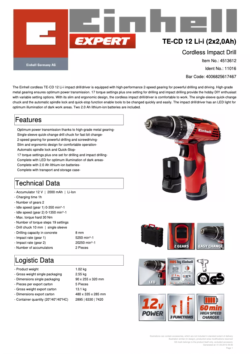 Página 1 del manual Ficha técnica Einhell TE-CD 12 Li-i