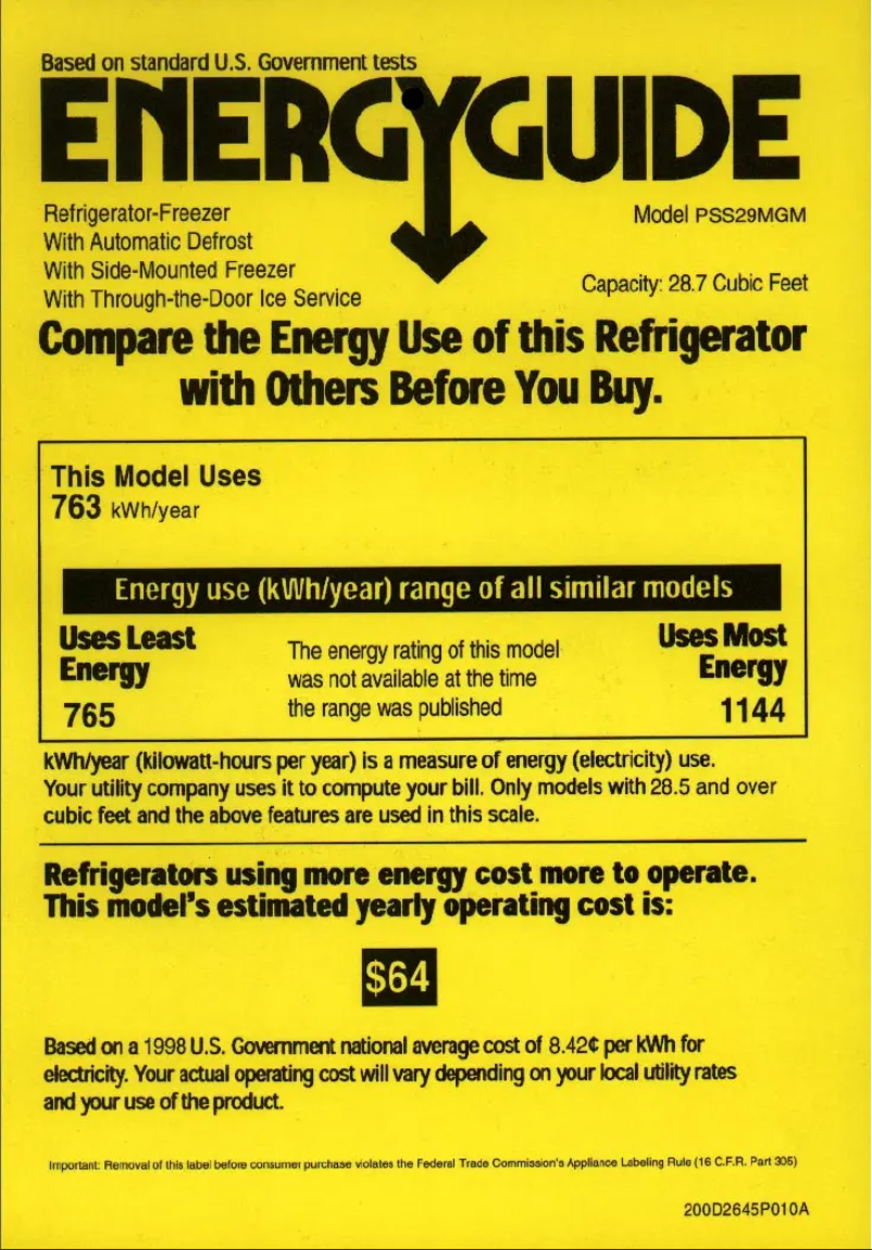 Page 1 de la notice Label énergétique GE Profile Arctica PSS29MGMWW