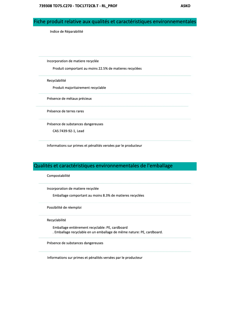 Page 1 de la notice Fiche technique Asko TDC1772CBT