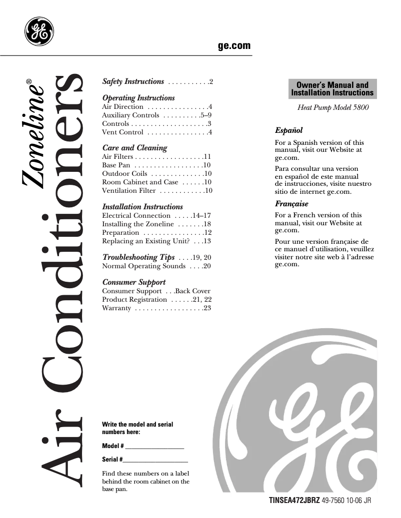 Page 1 de la notice Guide d'installation GE AZ58H12DAD