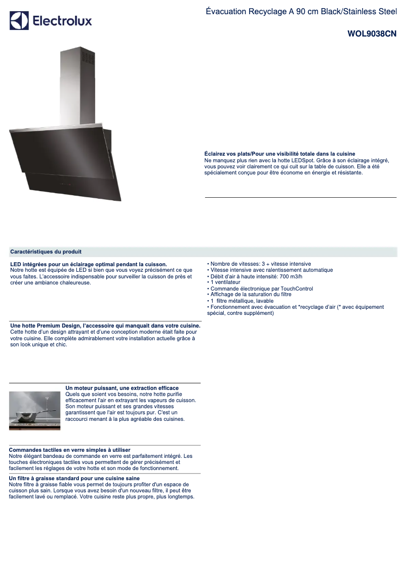 Page 1 de la notice Fiche technique Electrolux WOL9038CN