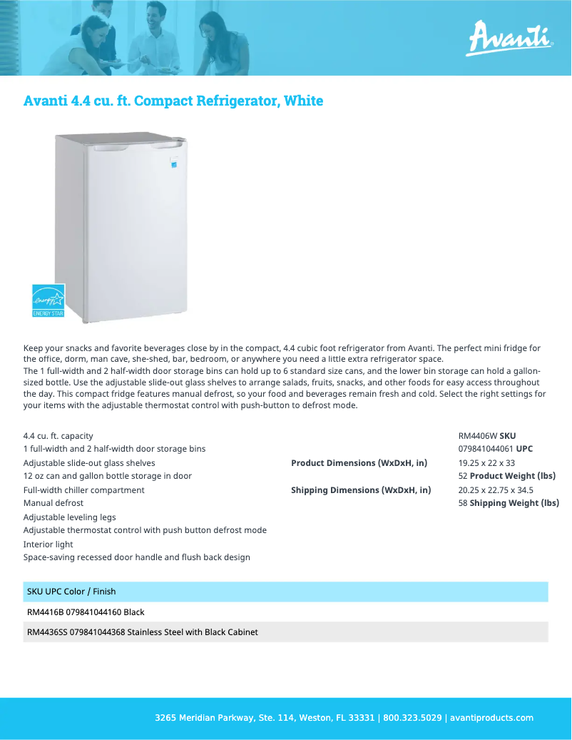 Page 1 de la notice Fiche technique Avanti RM46J0W