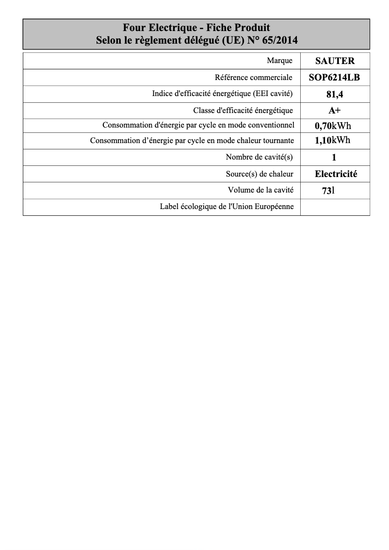 Page 1 de la notice Fiche technique Sauter SOP6214LB