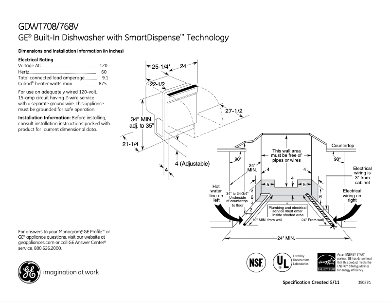 Page 1 de la notice Fiche technique GE GDWT708VWW
